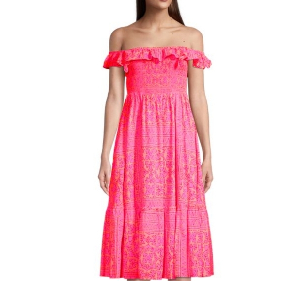 Vineyard Vines Dresses & Skirts - Vineyard Vines Neon Tortola Smocked Midi Dress Sz M